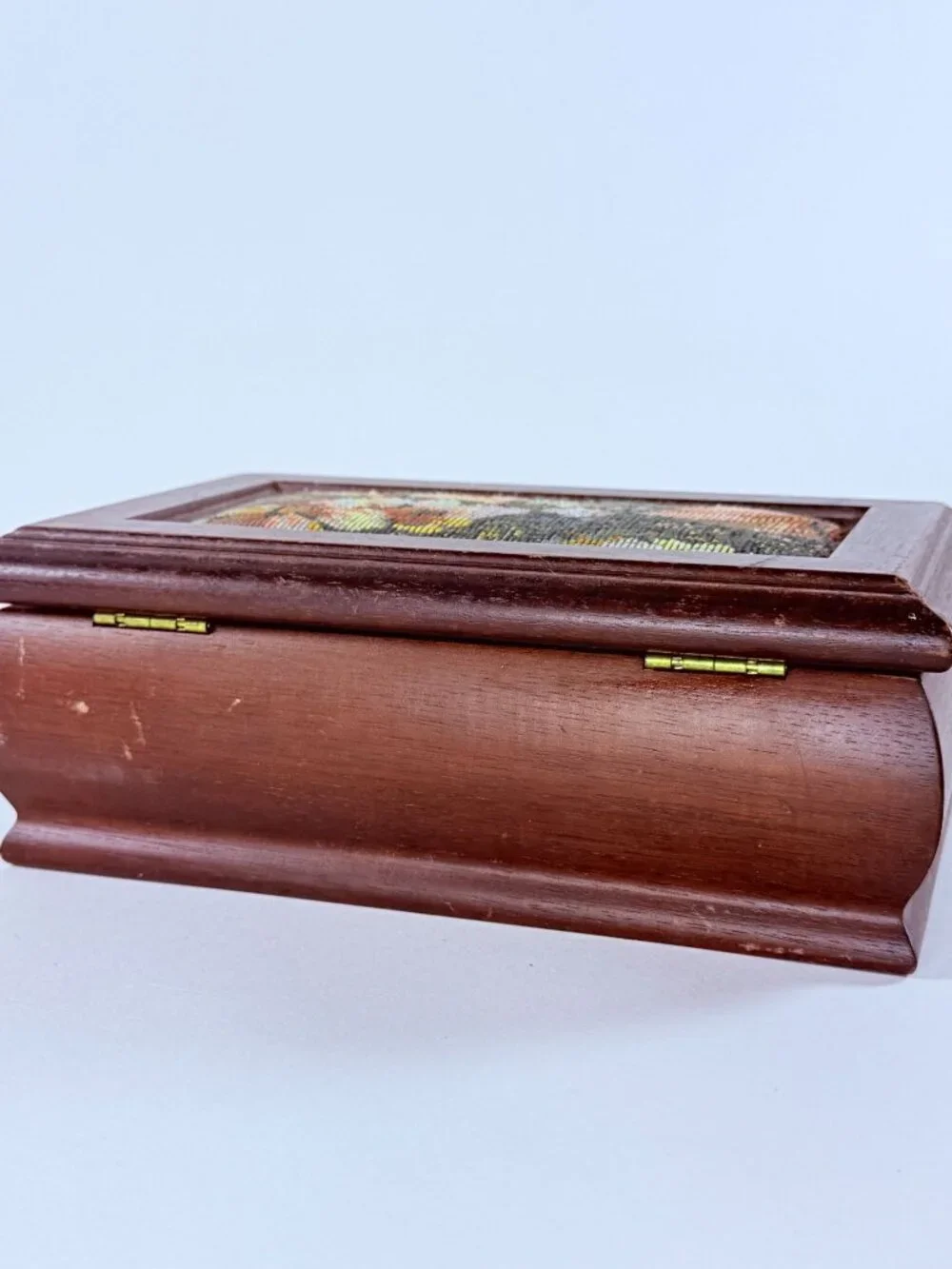 Vintage Wooden Jewelry Box W/Floral Needlepoint Lid Mirror Interior Tray Missing